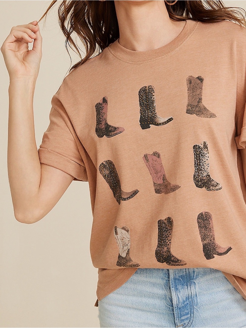 Women's Tan Short Sleeve Graphic Tee with Western Boot Print
